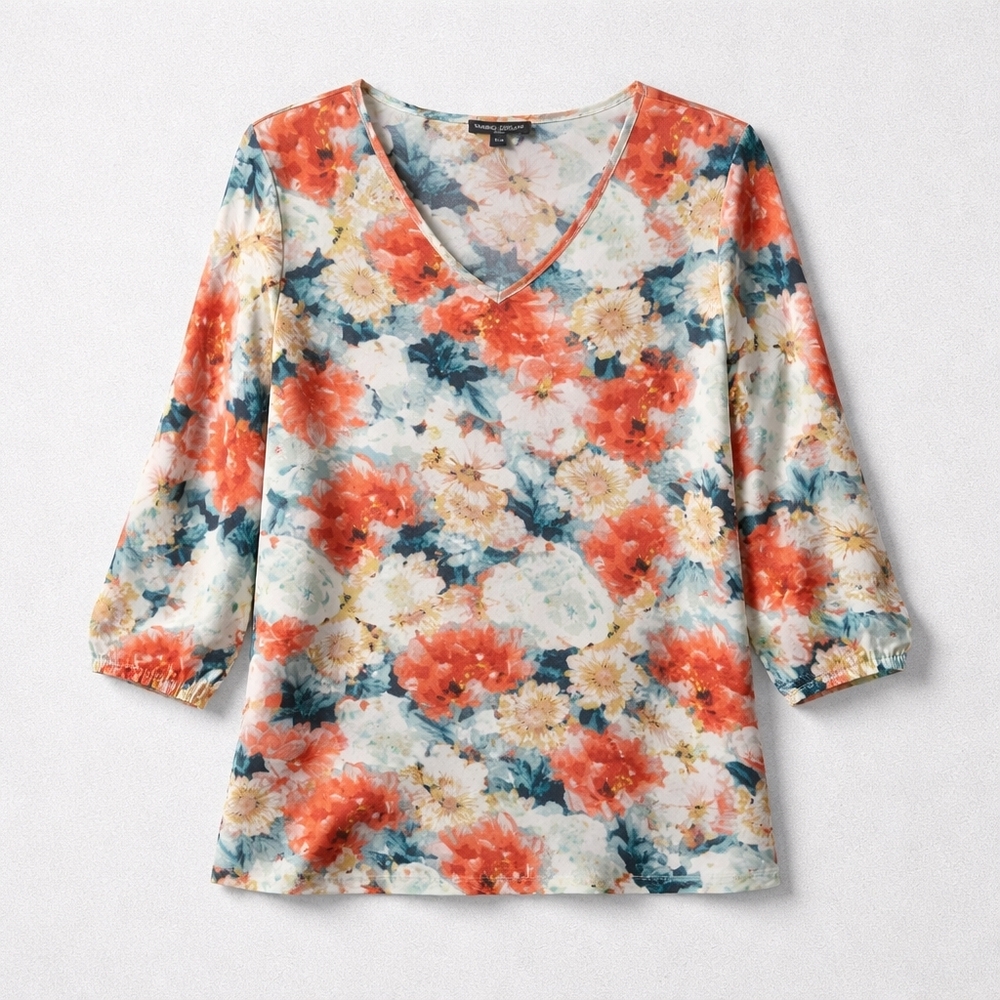 Mario Serrani Floral Long Sleeve Top - Orange and Blue